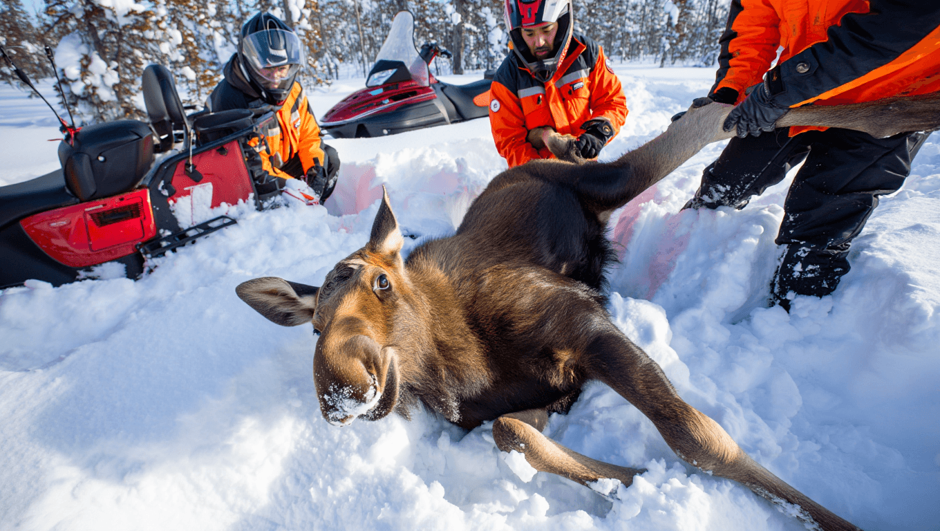Snowmobilers Dig Exhausted Young Moose Out of the snow in New Hampshire Woods