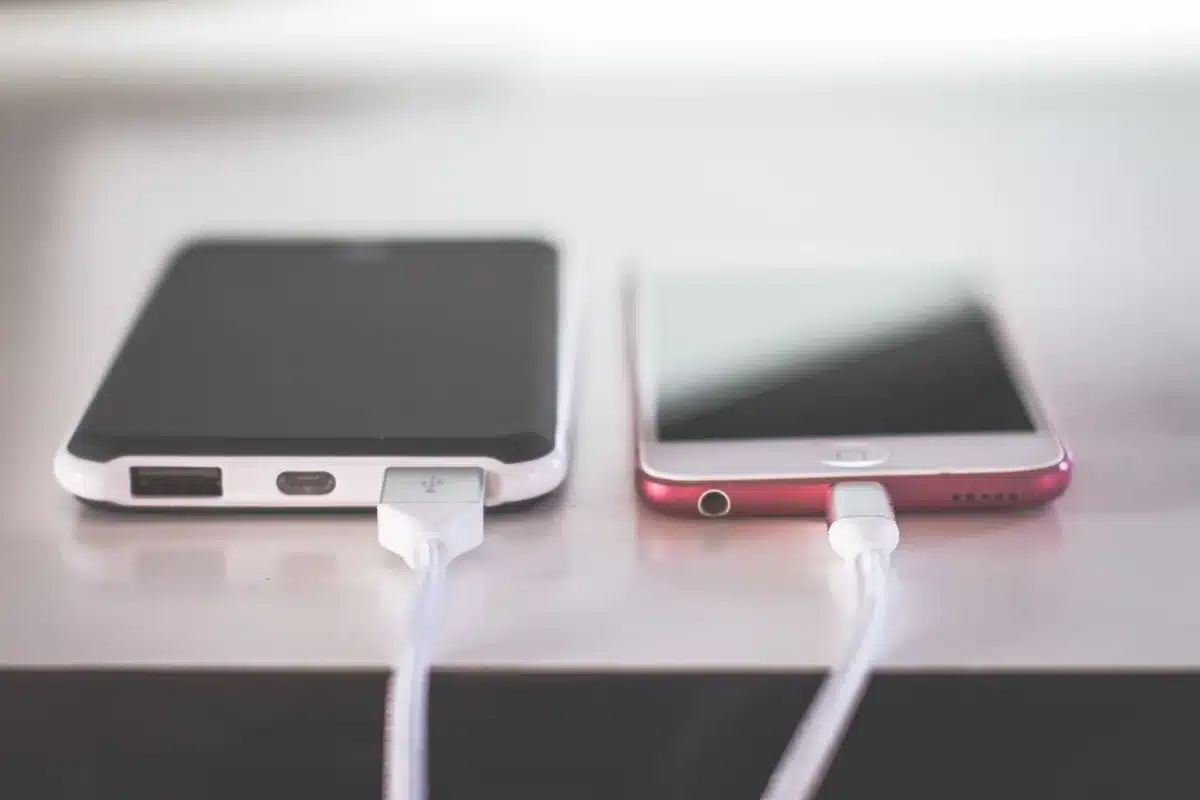 Batería portátil de 10.000 mAh junto a un teléfono en escena de verano