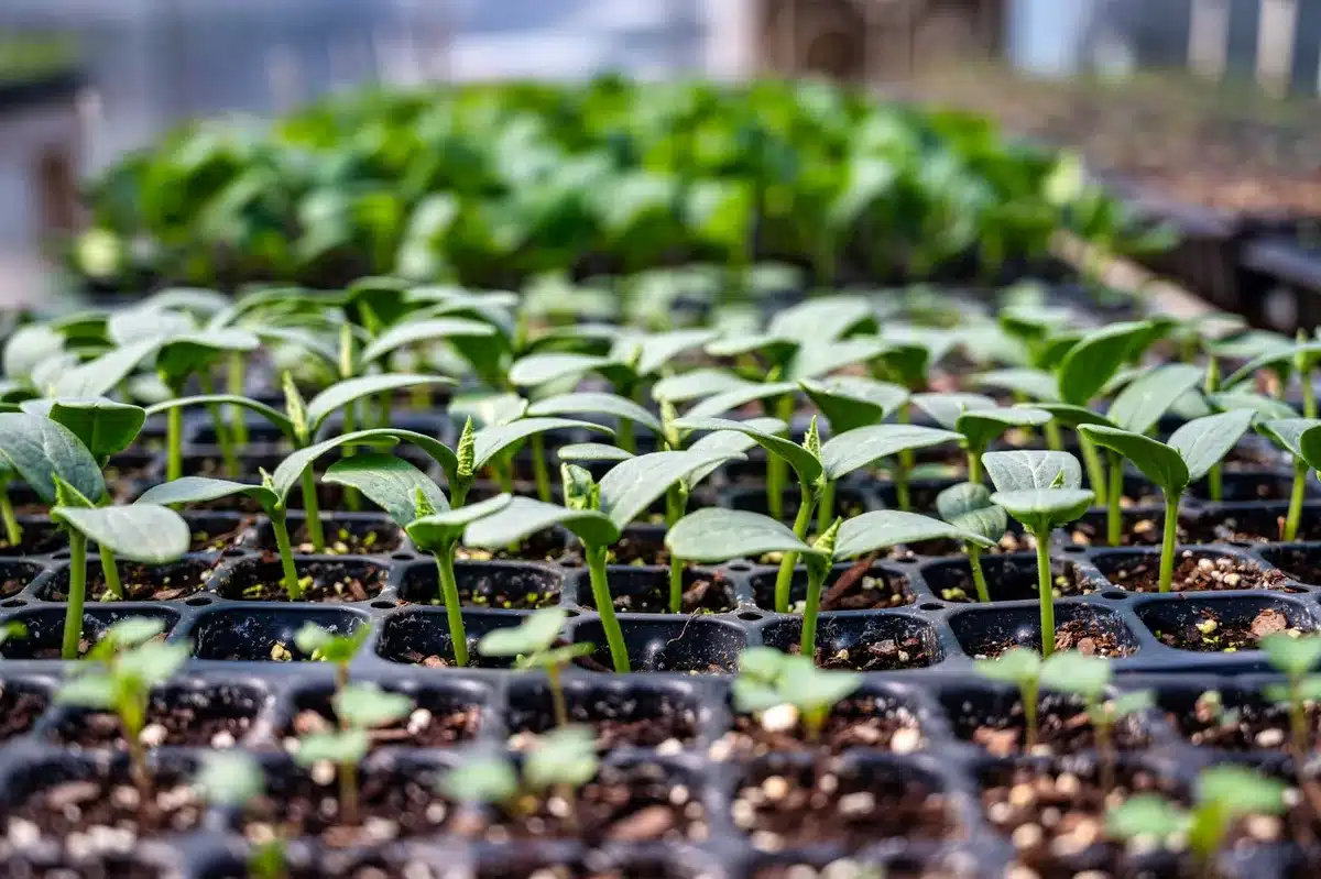 Pequeñas plántulas creciendo en un vivero, simbolizando la transformación de ideas en proyectos visibles.