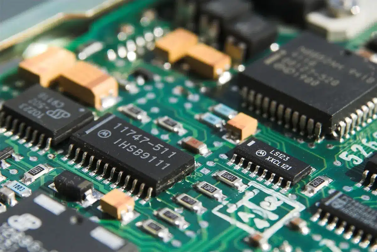 Close-up of anonymous hands adjusting a generic circuit board on a workbench, tools and jigs visible but no logos, focused technical action