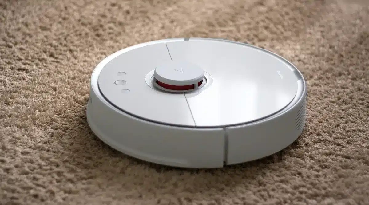 A sleek handheld cordless vacuum with rotating mop attachment head displayed on a minimalist surface, with a glowing digital interface panel visible, capturing the device's modern design and cleaning power.