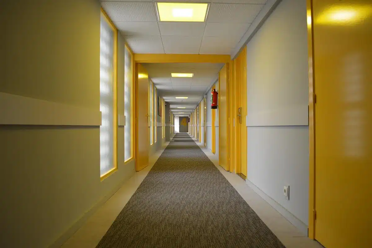 A row of empty hotel room doors in a quiet corridor, soft afternoon light filtering through windows, unoccupied beds visible through open doorways, conveying abandonment and vacancy.