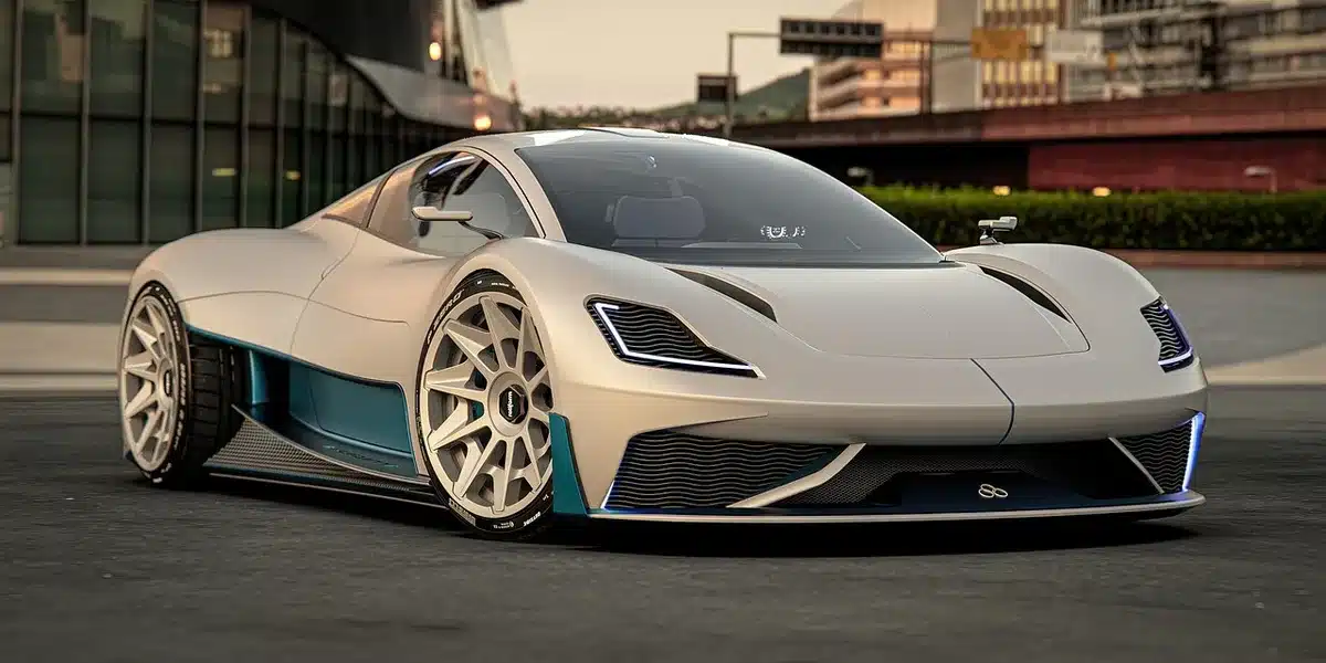 A sleek, futuristic two-seater robotaxi with no steering wheel or pedals visible, golden exterior, minimalist interior with central touchscreen, autonomous sensors on top, parked on an urban street in daylight