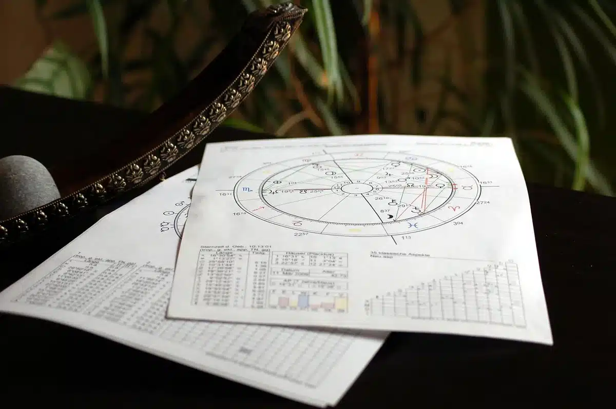 Manos anónimas arreglando símbolos del zodiaco y cartas astrológicas sobre superficie oscura con luz suave