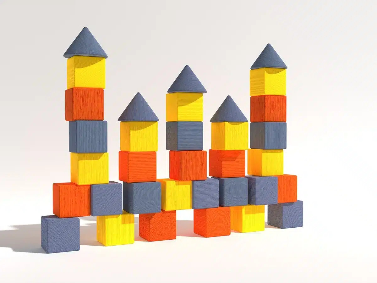 close-up of an anonymous pair of hands assembling small unbranded plastic bricks on a tabletop, no brand visible