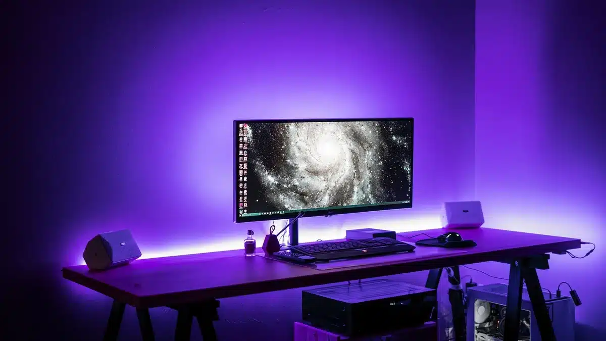 Portable monitor with USB-C cable and stand on modern desk, soft warm lighting casting subtle shadows