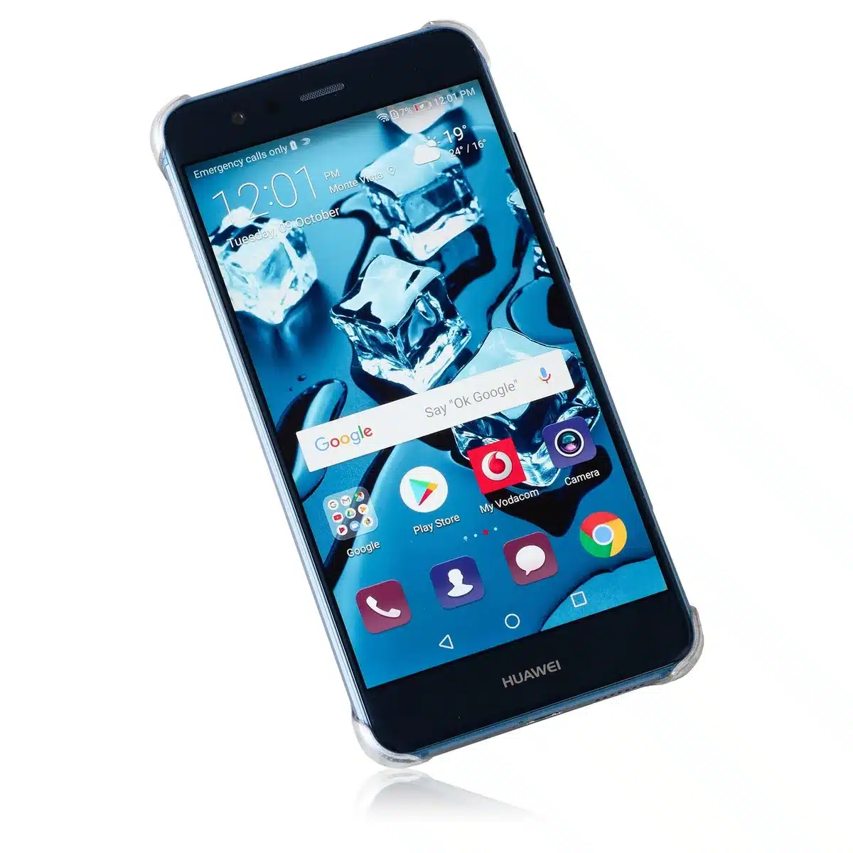 empty modern smartphone on a table showing an unbranded home screen with customizable widgets and abstract wallpaper