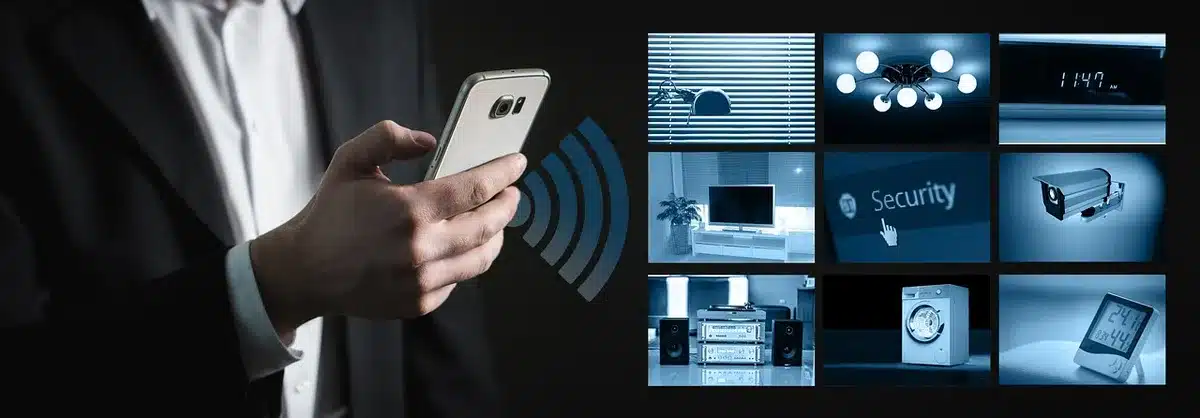 A modern living room with smart speakers positioned in different corners, a smartphone screen glowing in the foreground displaying a chat interface, soft ambient lighting creating a warm atmosphere, no visible brand logos or text