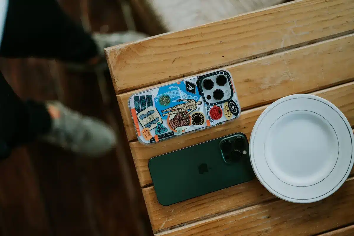 empty phone on table with glowing ring light, unbranded