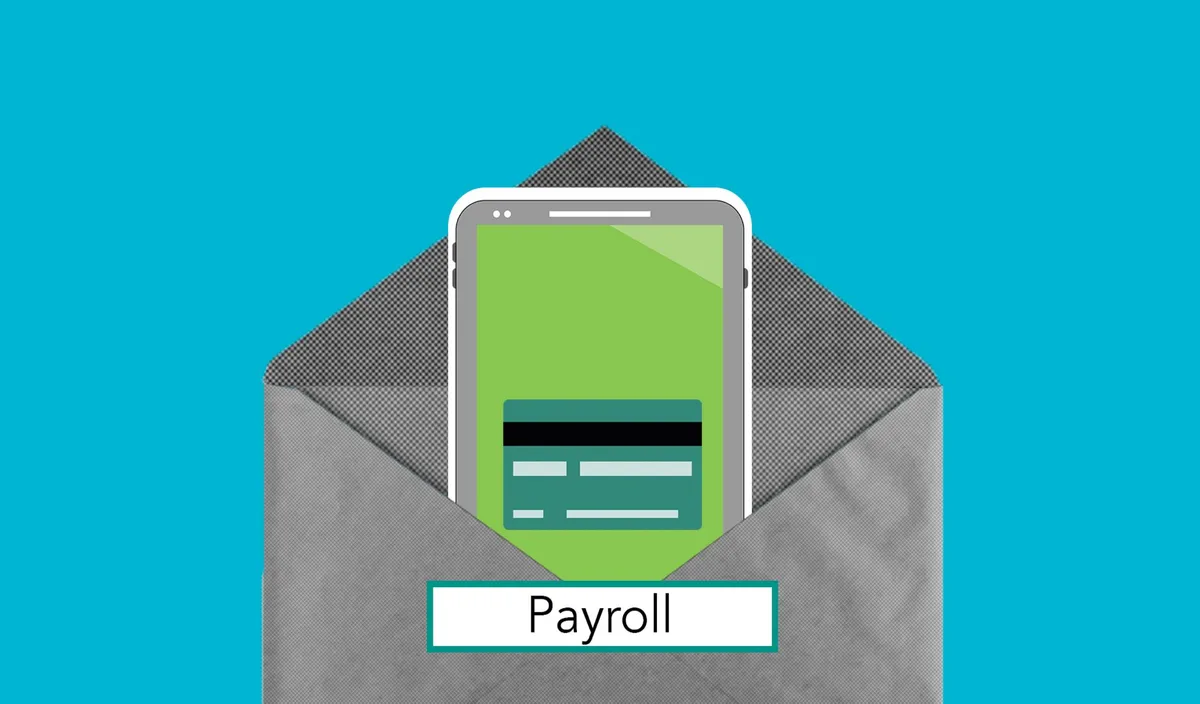 Empty payroll desk with a calendar open to December and a generic payslip beside a calculator and eyeglasses