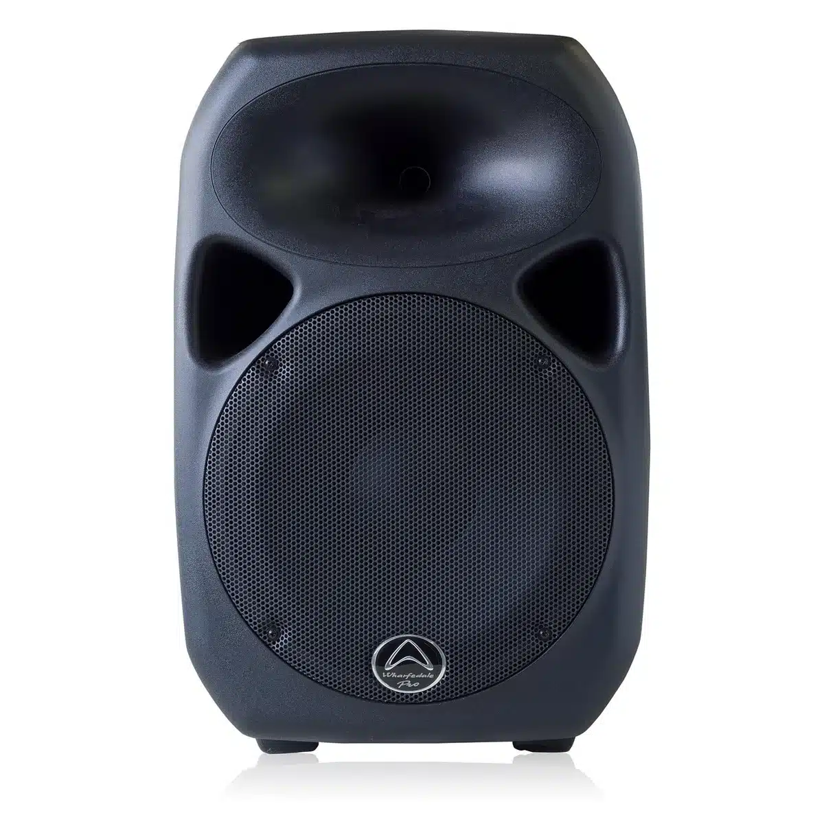 Close-up of an anonymous speaker grille and control knob on a shelf, neutral background, no brand visible