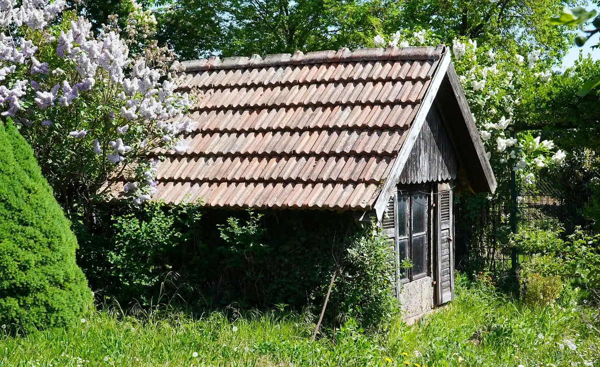 A generic backyard storage shed placed against a neutral fence, no logos, closed double doors and a small padlock visible, morning light