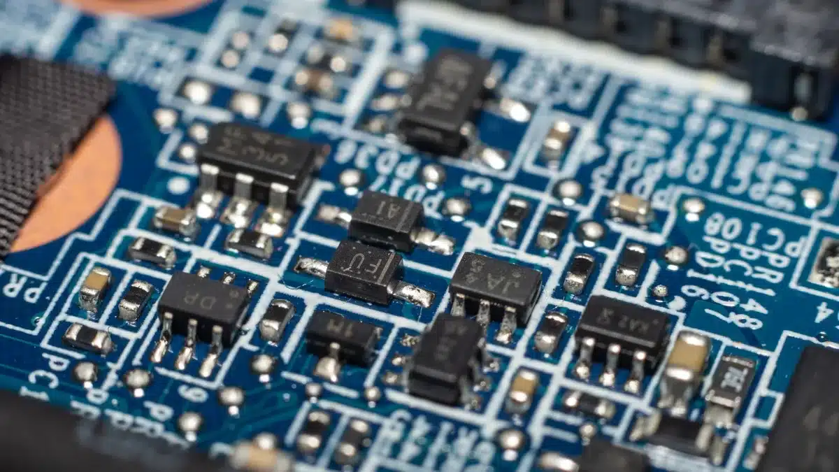A symbolic close-up of a single unbranded circuit board with highlighted pathways and a small glowing node suggesting a neuron; anonymous, no logos or text
