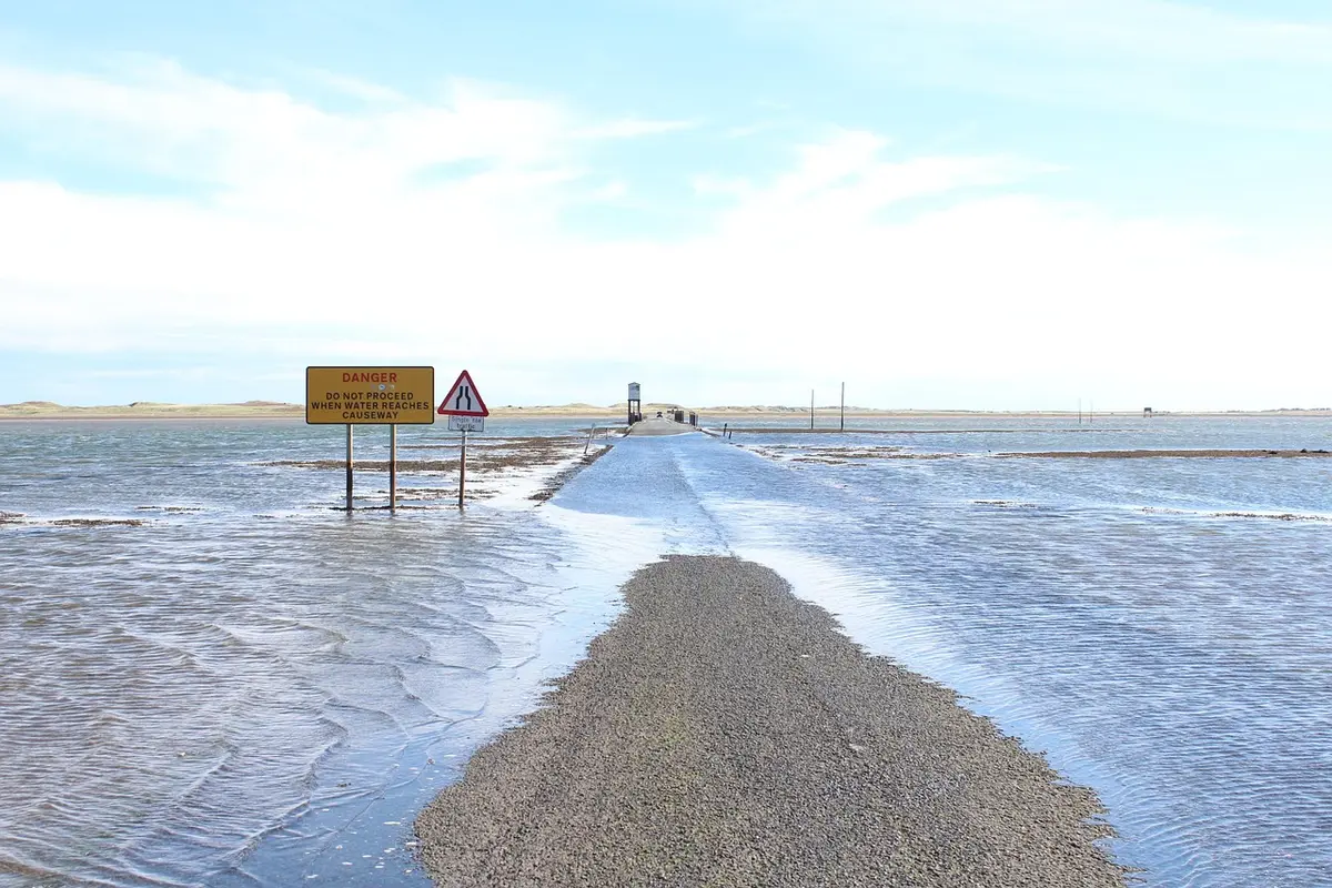 Empty coastal road under heavy rain with flooded culvert and low-lying vegetation, no people visible