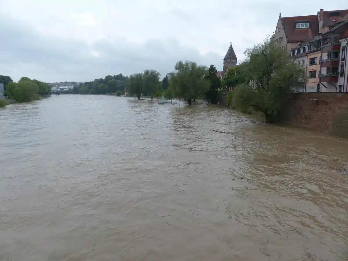 Small river overflowing embankment, water flowing into adjacent farmland, overcast sky, no people