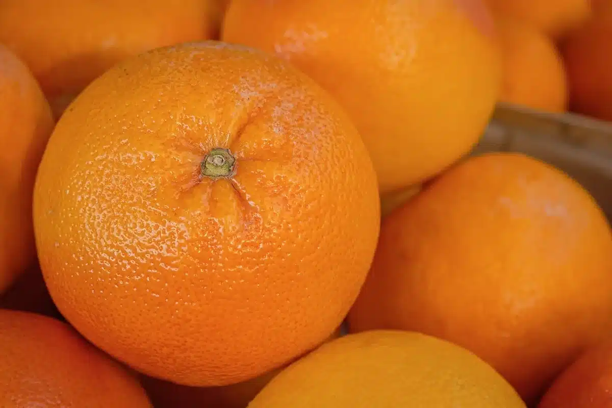 sliced whole oranges beside a small glass of juice on a wooden board, no labels
