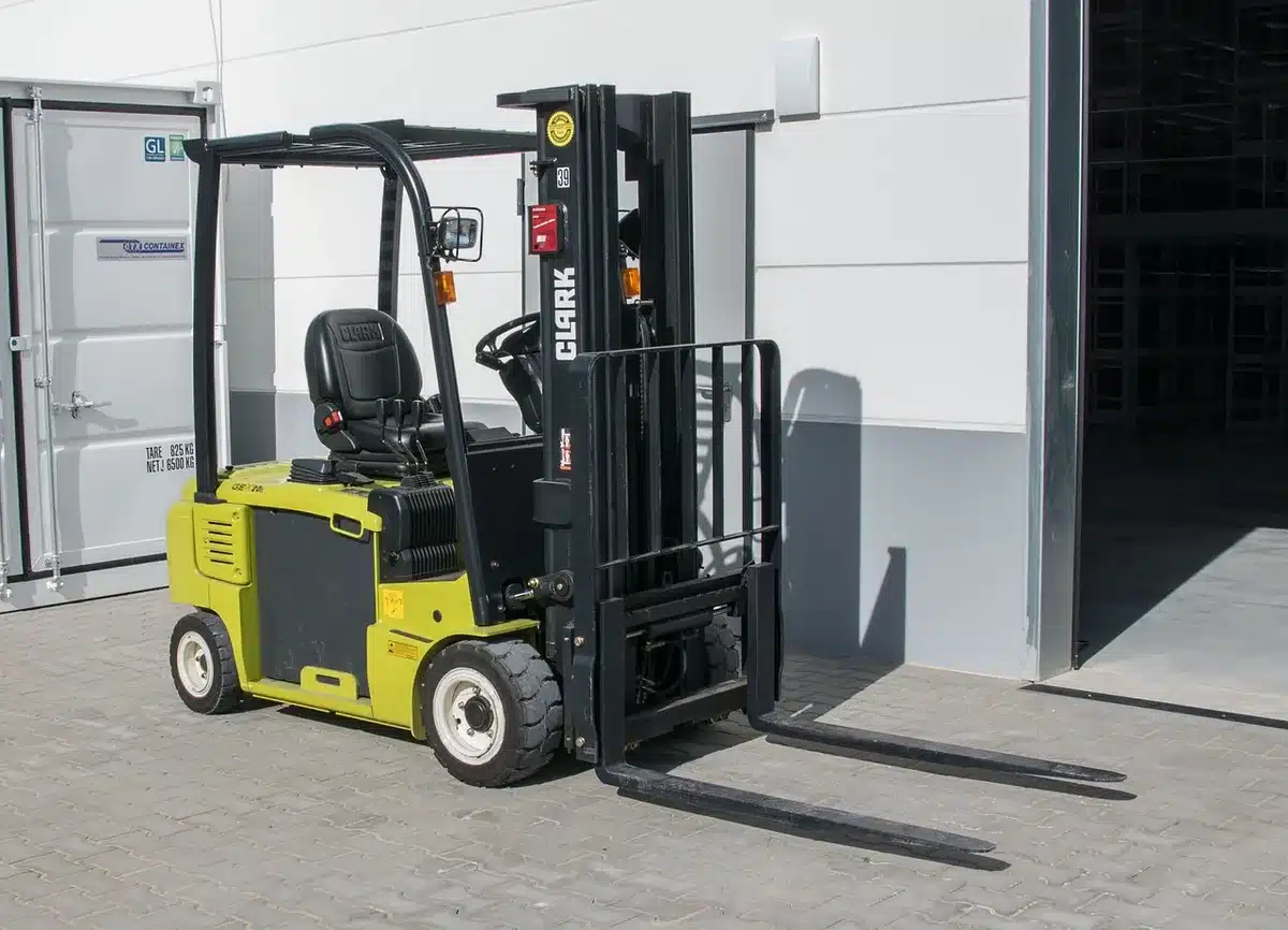 Two anonymous men checking shipping manifest papers beside a pallet jack inside a generic loading dock, faces turned away