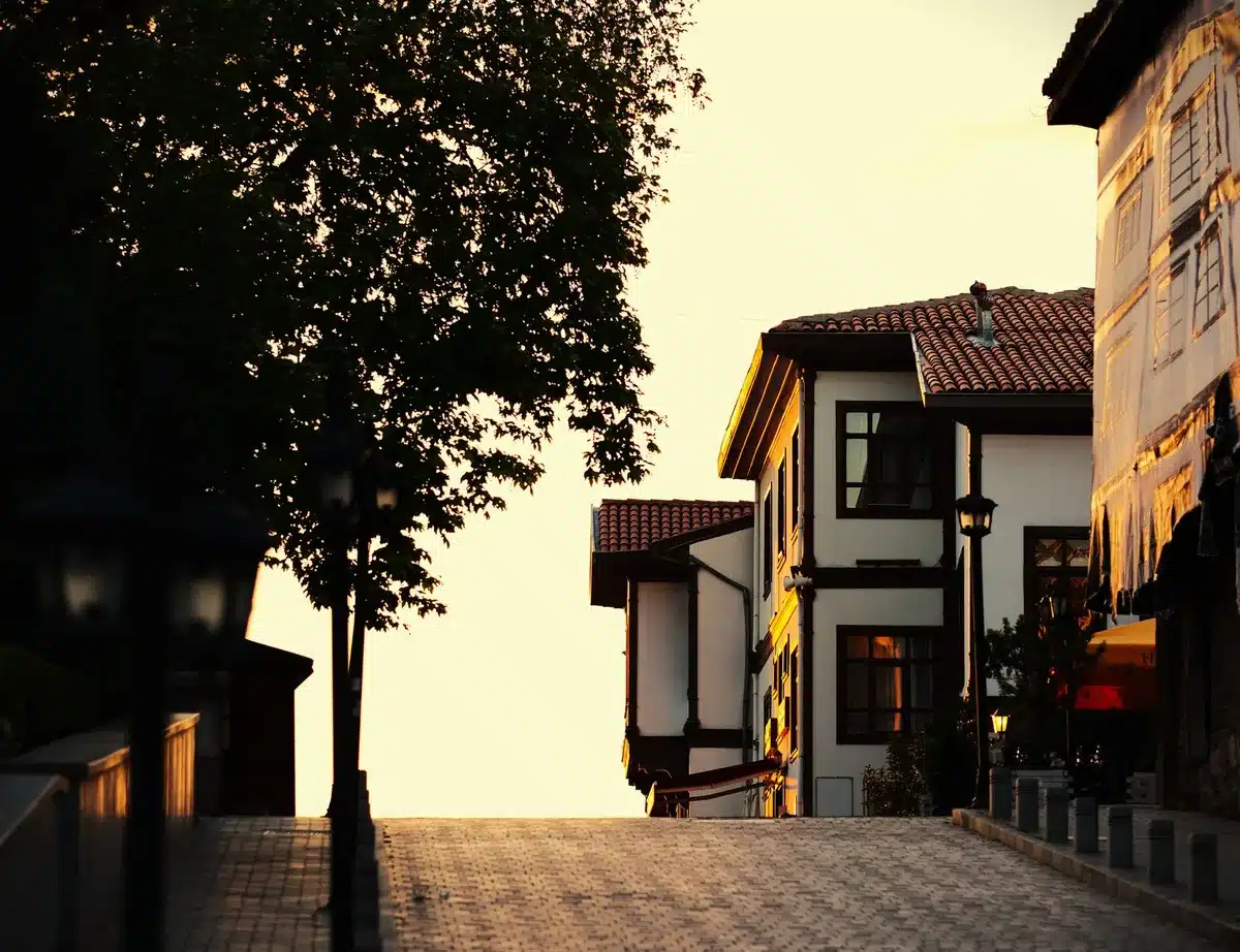 empty village street at dawn with low clouds and wet pavement