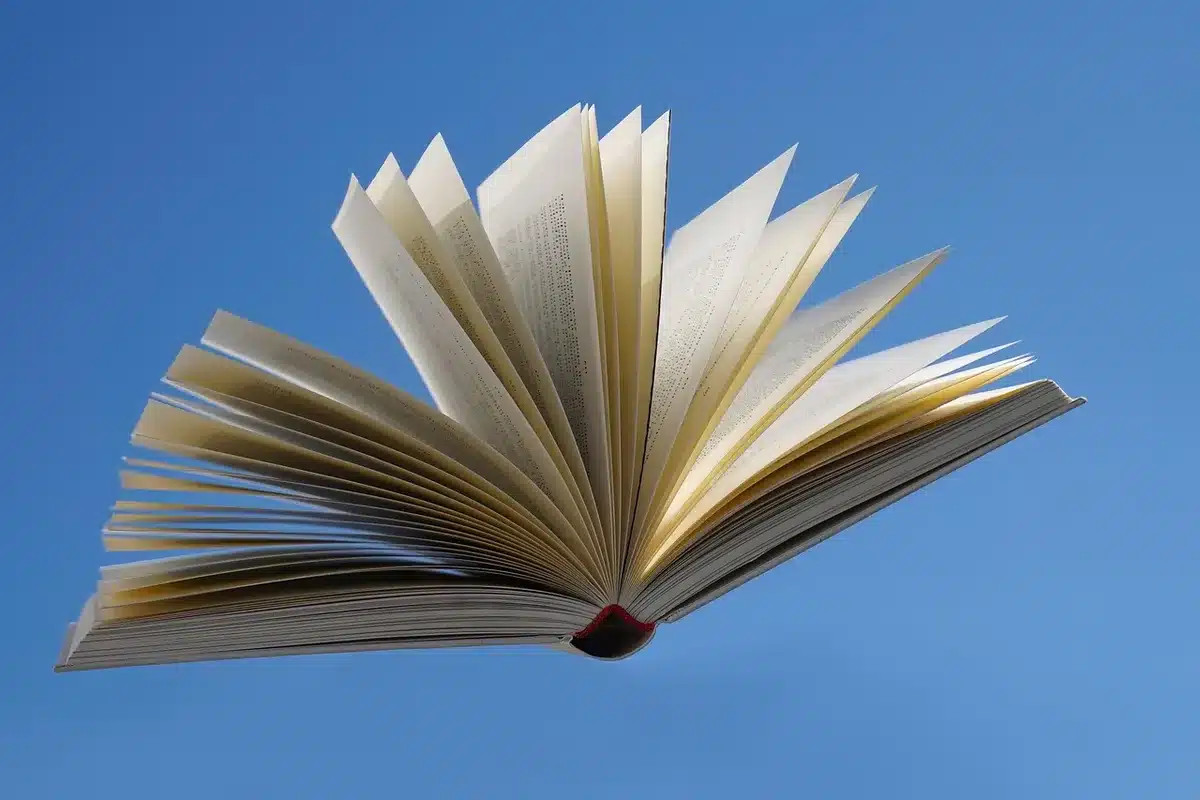 An open paperback novel laid on a bedside table beside a closed smartphone and a pair of glasses, soft morning light, pages slightly ruffled